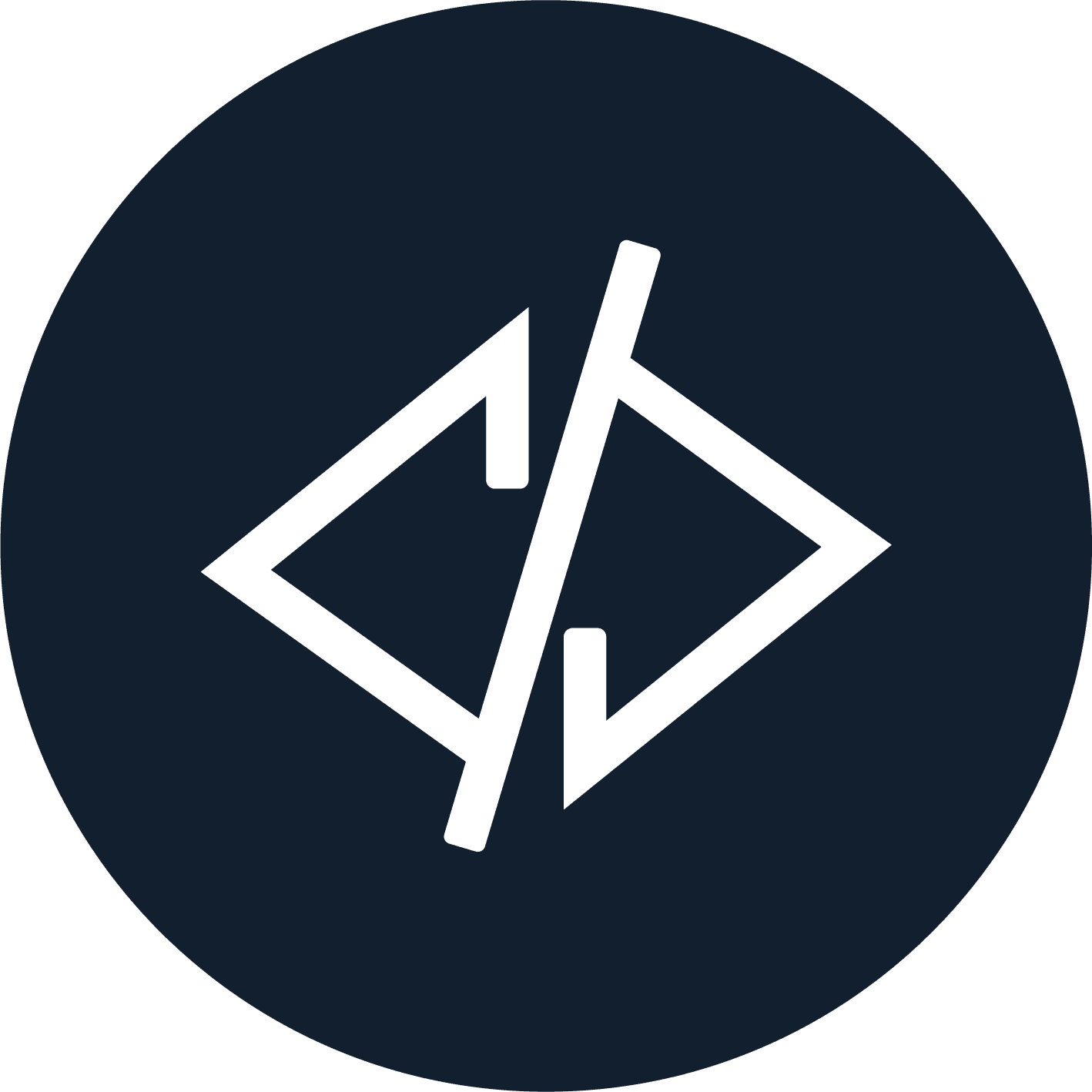 Logo abstrait blanc sur fond bleu foncé.