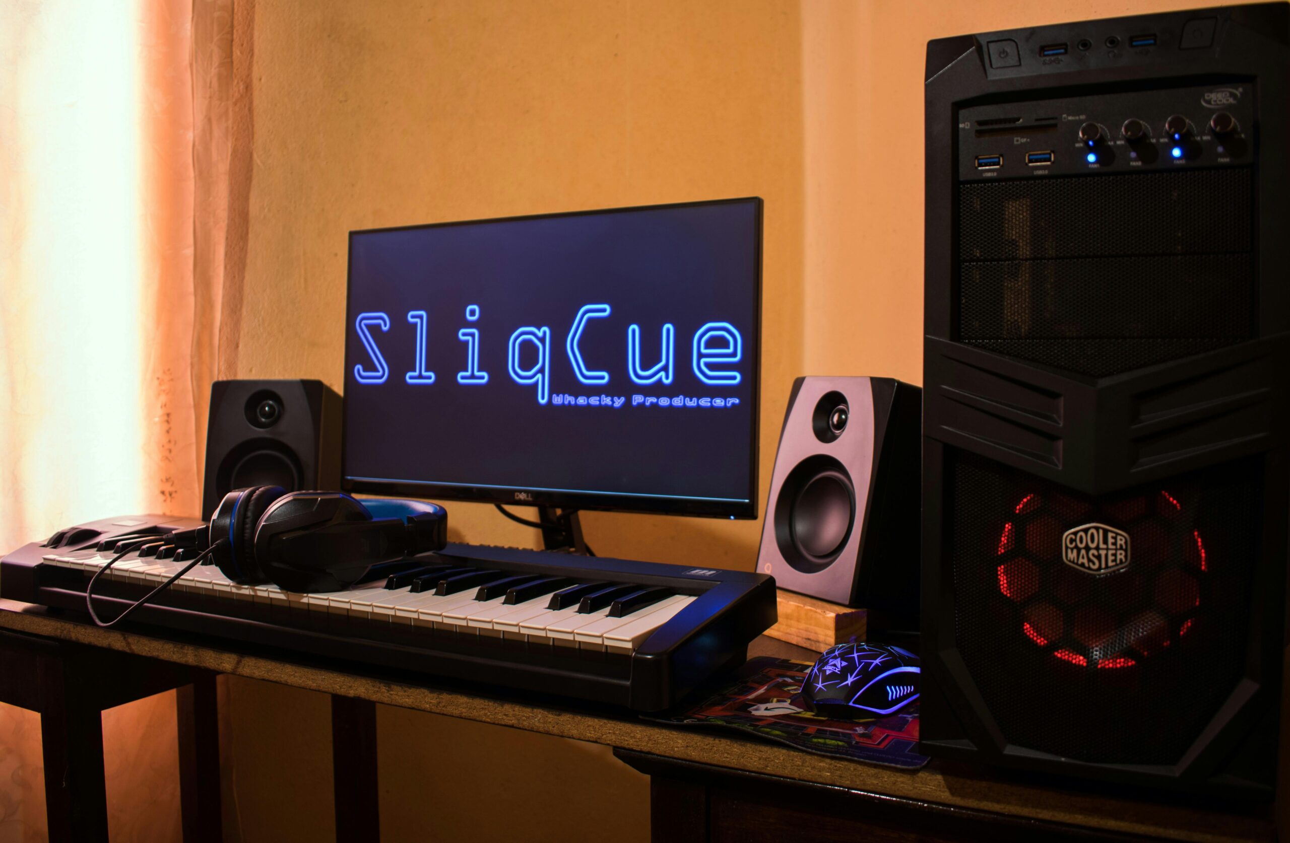 Poste de travail avec clavier MIDI, écran, enceintes et tour d'ordinateur.