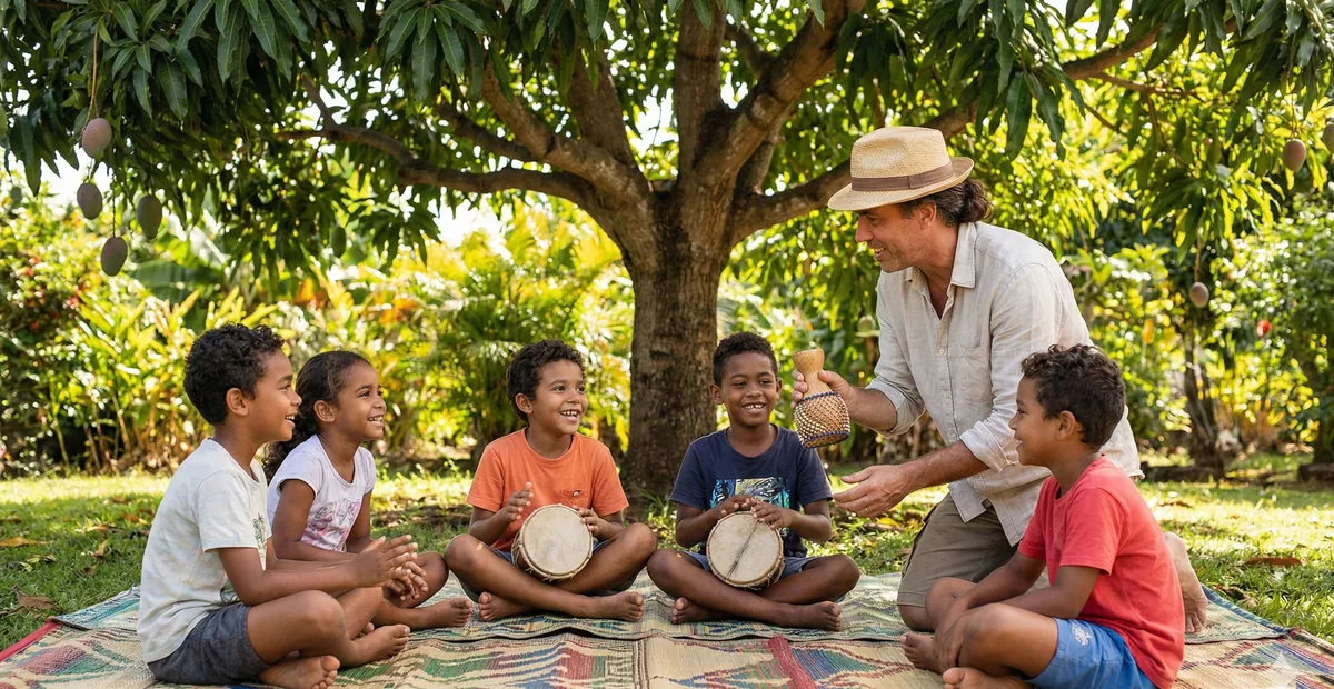 Enfants réunionnais apprenant les instruments du maloya lors d un atelier d éveil musical sous un manguier