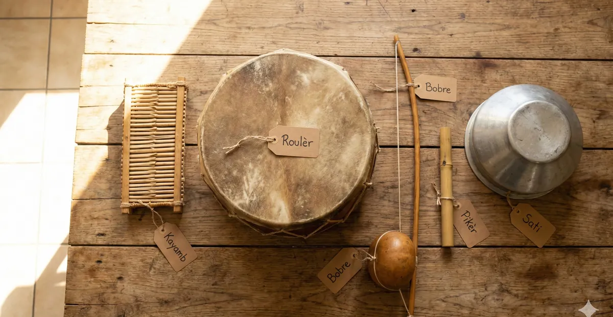 Instruments traditionnels du maloya disposés sur une table : kayamb, roulèr, bobre, pikèr et sati