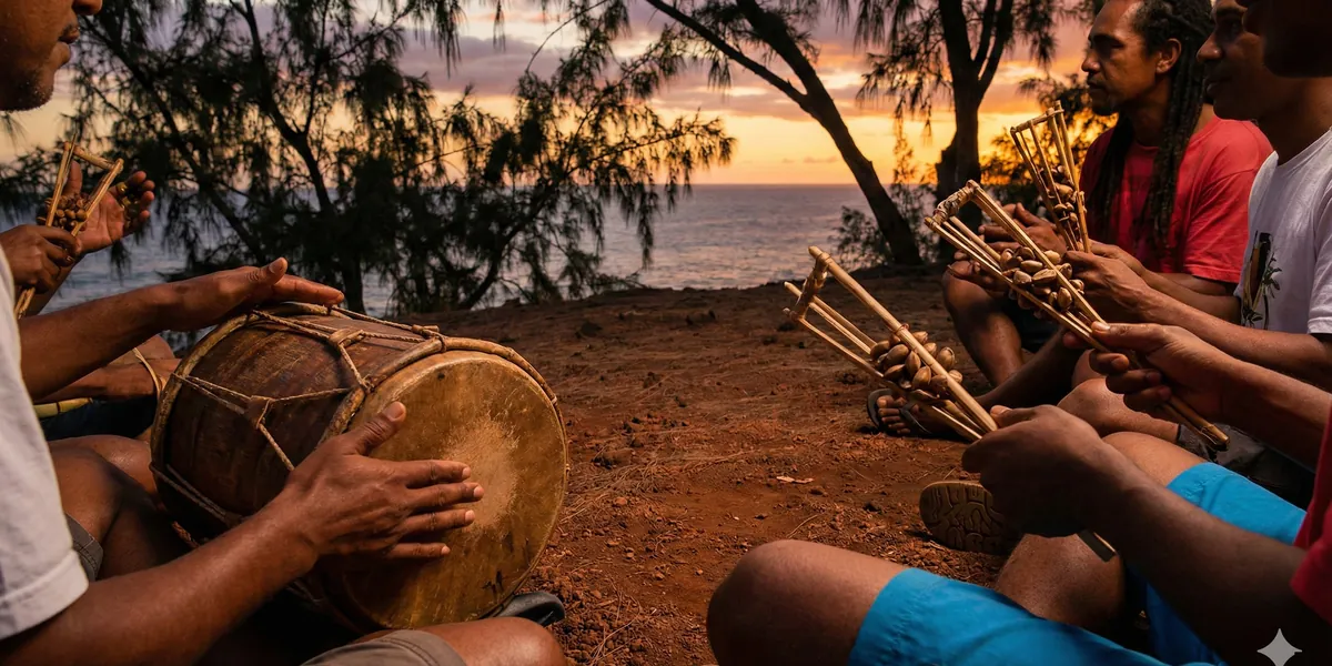 Cercle de musiciens maloya jouant kayamb et roulèr au bord de l océan à La Réunion