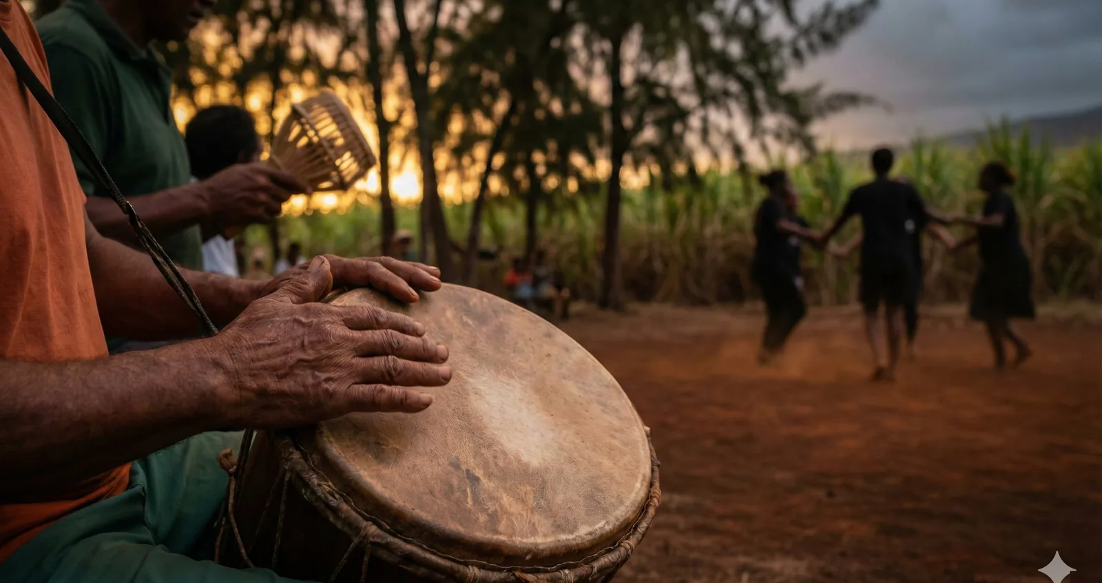 Musicien jouant le roulèr lors d un kabar maloya au coucher du soleil à La Réunion