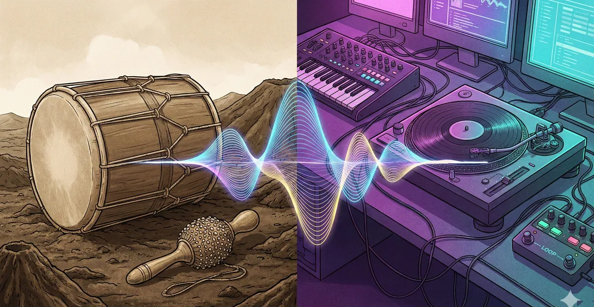 Évolution du maloya : instruments traditionnels roulèr et kayamb face à un studio électronique moderne