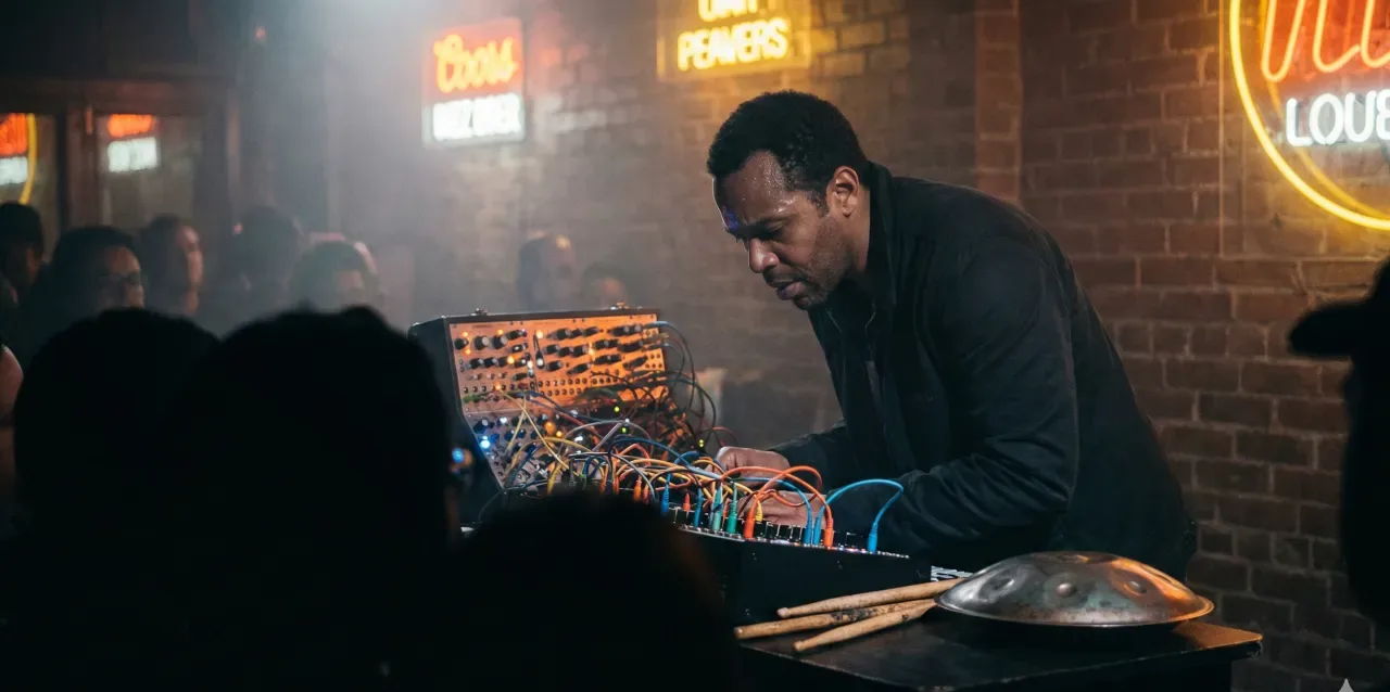 Artiste électro-maloya jouant du synthétiseur modulaire en concert à La Réunion