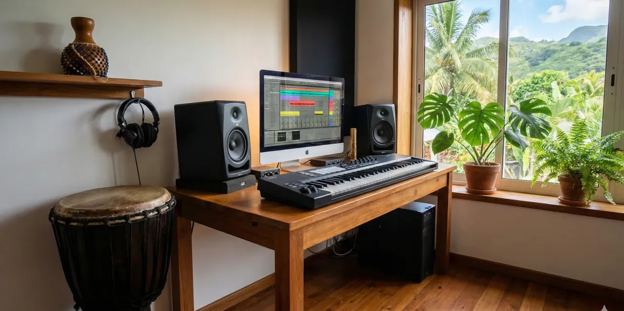 Studio de production musicale mêlant DAW et instruments traditionnels réunionnais