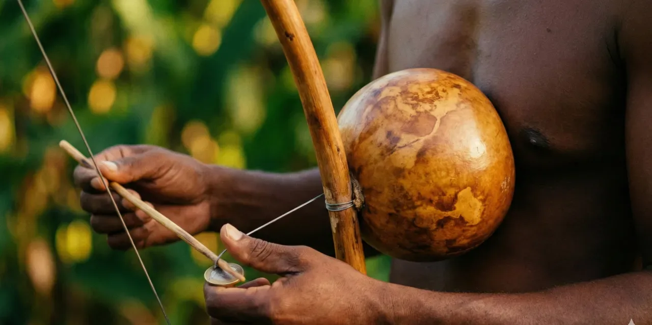 Gros plan sur le bobre, arc musical à calebasse résonateur, joué à La Réunion