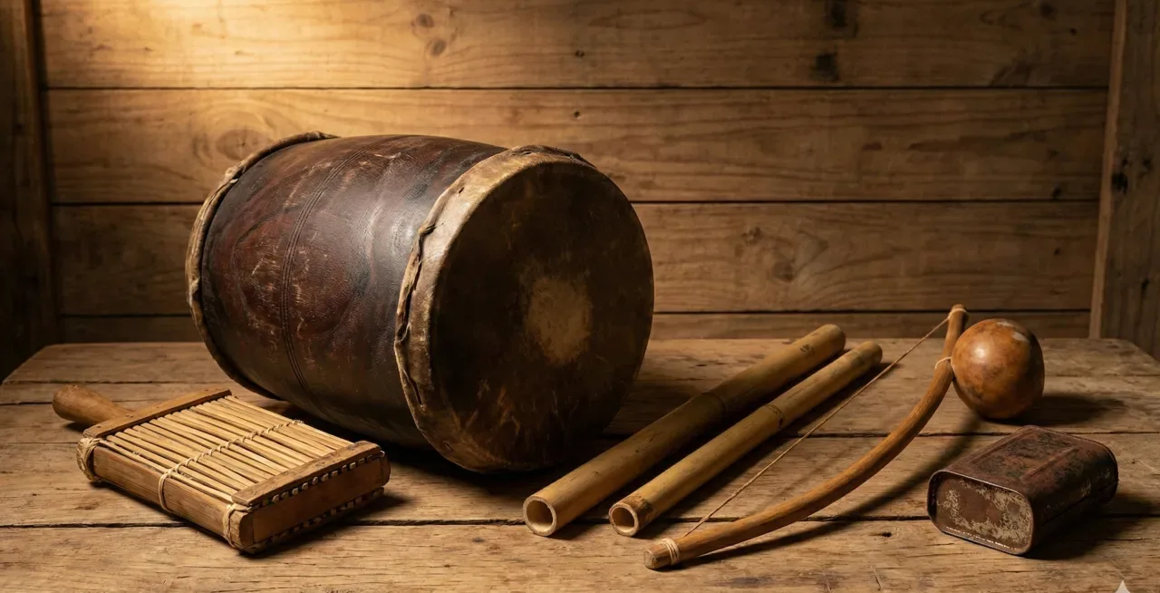 Collection d instruments traditionnels du maloya : roulèr, kayamb, pikèr, bobre et sati