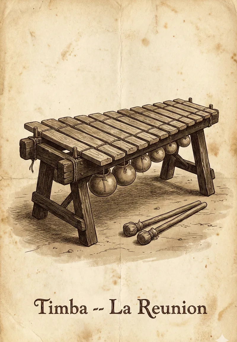 Illustration du timba, xylophone africain disparu de La Réunion