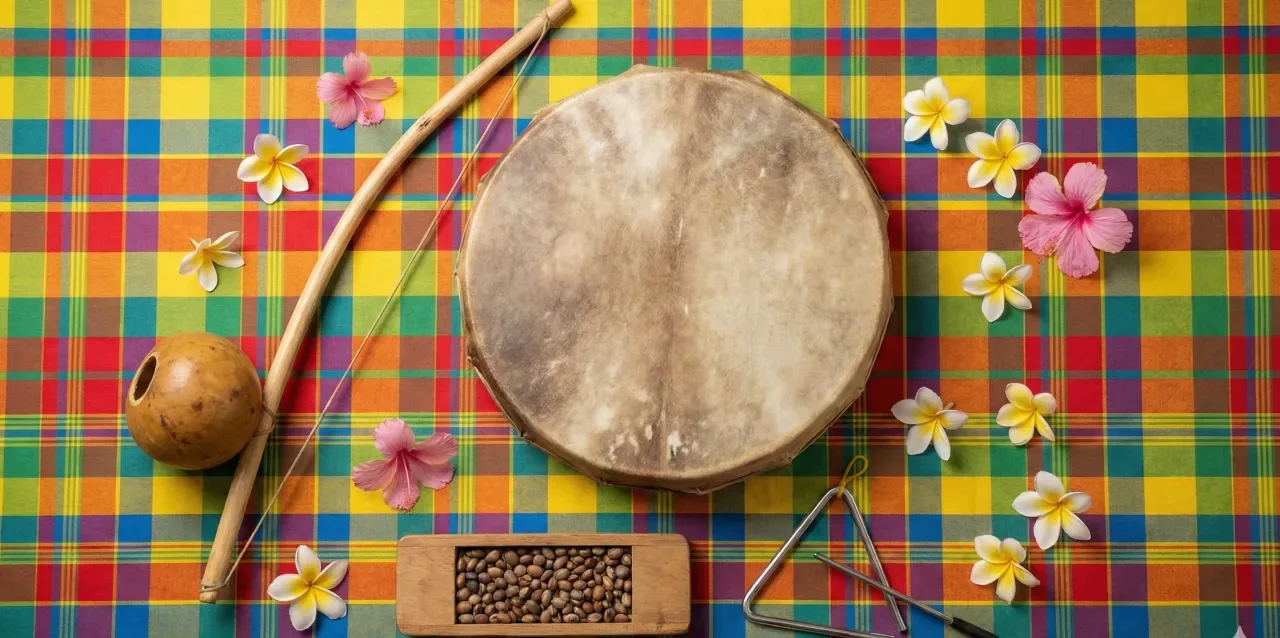 Instruments du séga réunionnais sur tissu madras : bobre, ravanne, kayamb et triangle