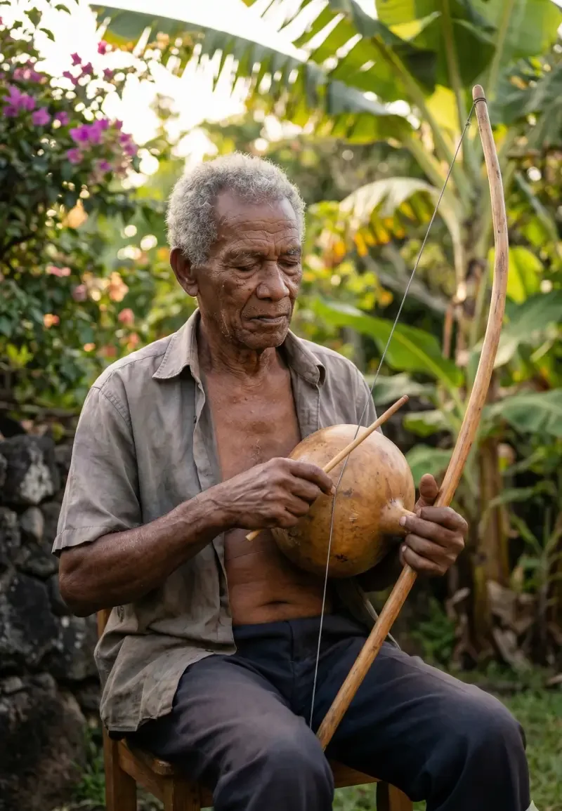 Musicien créole jouant du bob (bobre), arc musical traditionnel de La Réunion