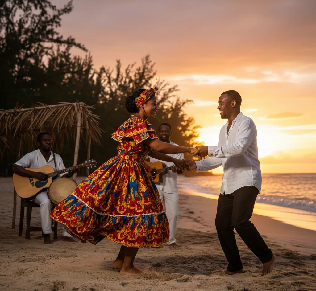 Couple dansant le séga en robe madras sur la plage au coucher du soleil avec musiciens à La Réunion