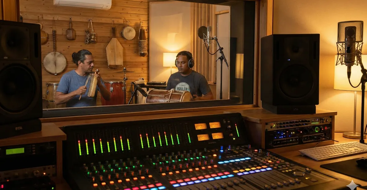 Studio d enregistrement professionnel à La Réunion avec musiciens jouant kayamb et roulèr derrière la vitre